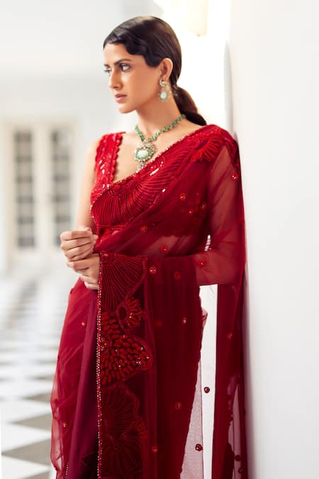 Shop Mishru Red Tulle Sequins, Crystals Darla Rafflesia Garden Embroidered Saree With Blouse at Aza Fashions Shop_Mishru_Red Tulle Sequins, Crystals Darla Rafflesia Garden Embroidered Saree With Blouse _at_Aza_Fashions