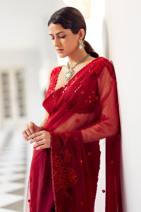 Mishru Red Tulle Sequins, Crystals Darla Rafflesia Garden Embroidered Saree With Blouse Online at Aza Fashions Mishru_Red Tulle Sequins, Crystals Darla Rafflesia Garden Embroidered Saree With Blouse _Online_at_Aza_Fashions