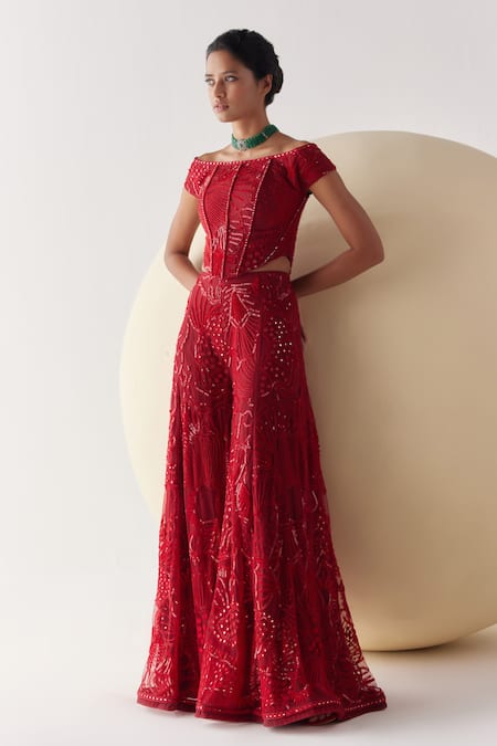 Mishru Hera Florid Crest Embroidered Corset With Flared Pant 