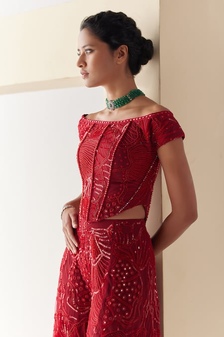Mishru_Red Tulle Embroidery Sequins Off Hera Florid Crest Corset With Flared Pant _Online_at_Aza_Fashions