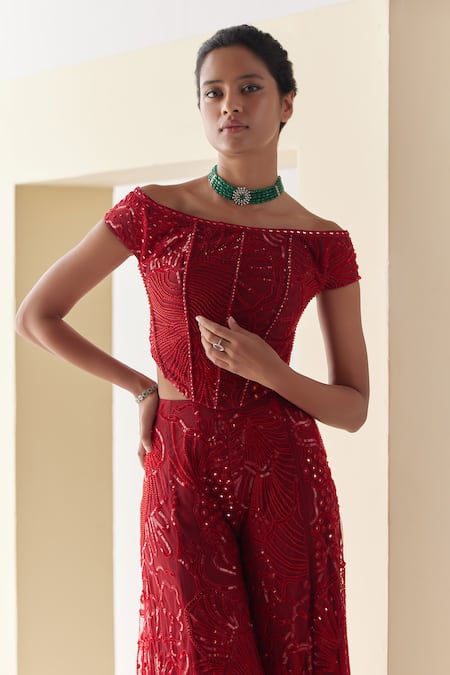 Buy_Mishru_Red Tulle Embroidery Sequins Off Hera Florid Crest Corset With Flared Pant _Online_at_Aza_Fashions