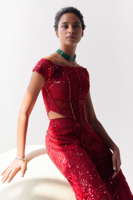 Shop_Mishru_Red Tulle Embroidery Sequins Off Hera Florid Crest Corset With Flared Pant _Online_at_Aza_Fashions