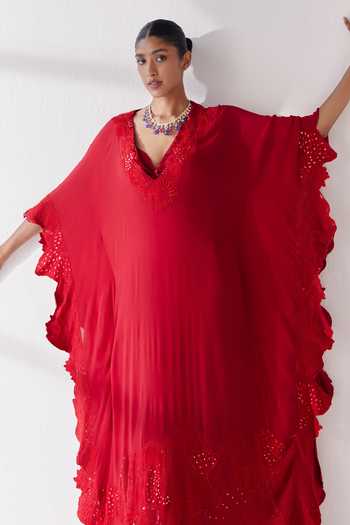 Mishru Red Kaftan Chiffon Embroidery Shui Florence Cut Work Embellished With Slip Online at Aza Fashions Mishru_Red Kaftan Chiffon Embroidery Shui Florence Cut Work Embellished With Slip _Online_at_Aza_Fashions