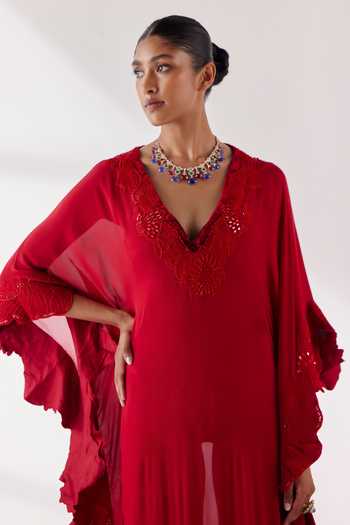 Mishru Red Kaftan Chiffon Embroidery Shui Florence Cut Work Embellished With Slip at Aza Fashions Mishru_Red Kaftan Chiffon Embroidery Shui Florence Cut Work Embellished With Slip _at_Aza_Fashions