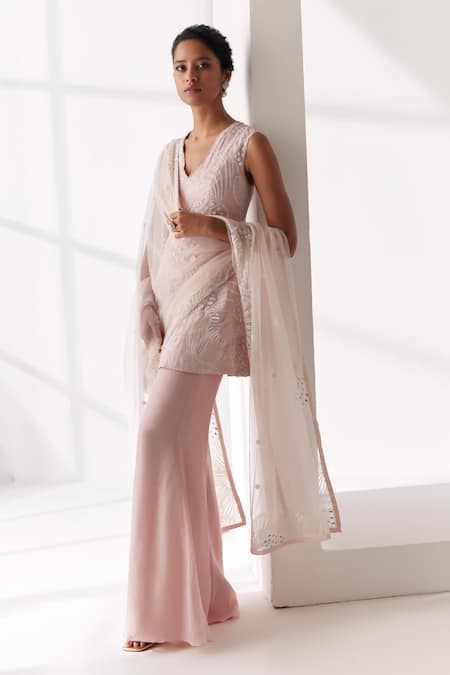 Mishru_Pink Georgette, Organza, Avisa Meridian Lily Embroidered Kurti Flared Pant Set _Online_at_Aza_Fashions