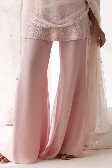 Buy_Mishru_Pink Georgette, Organza, Avisa Meridian Lily Embroidered Kurti Flared Pant Set _Online_at_Aza_Fashions