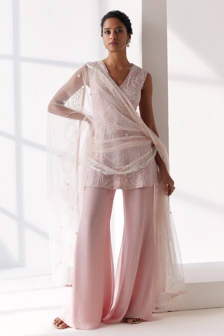 Shop_Mishru_Pink Georgette, Organza, Avisa Meridian Lily Embroidered Kurti Flared Pant Set _Online_at_Aza_Fashions