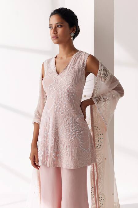 Mishru_Pink Georgette, Organza, Avisa Meridian Lily Embroidered Kurti Flared Pant Set _at_Aza_Fashions