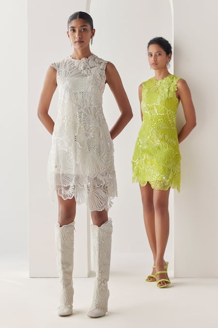 Mishru Moana Moonstone Azure Embellished Layered Short Dress With Slip 