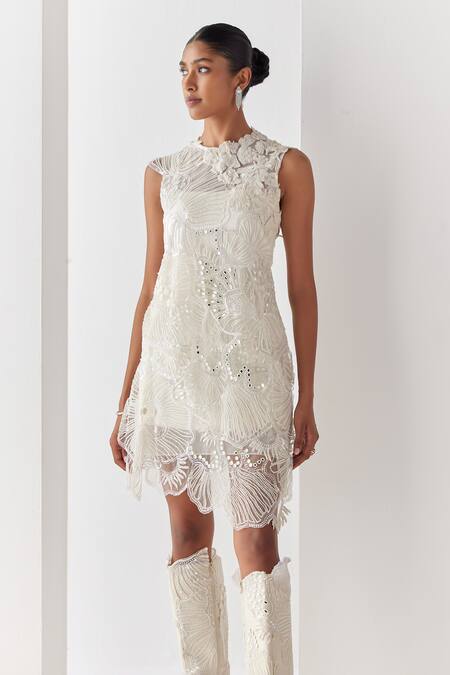 Mishru_Ivory Dress Tulle Moana Moonstone Azure Embellished Layered Short With Slip _Online_at_Aza_Fashions