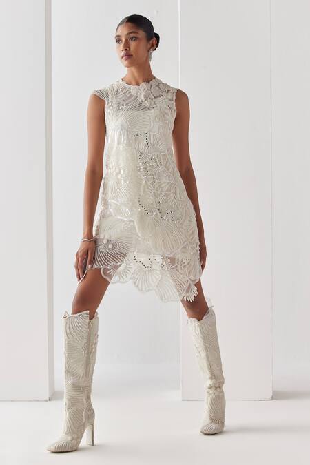 Buy_Mishru_Ivory Dress Tulle Moana Moonstone Azure Embellished Layered Short With Slip _Online_at_Aza_Fashions