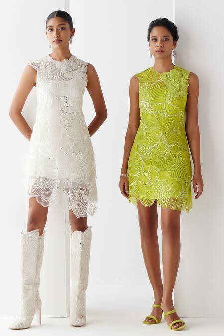 Shop_Mishru_Green Dress Tulle Embroidery Moana Martian Embellished Layered Short With Slip _Online_at_Aza_Fashions