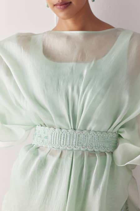 Buy_Mishru_Green Organza, Tulle Iridescent Florence Embellished Tunic Flared Pant Set _Online_at_Aza_Fashions