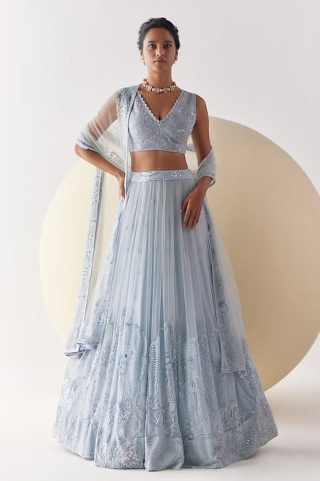 Mishru Blue Soft Tulle Embroidery Ara Cosmati Florin Embellished Bridal Lehenga Set 