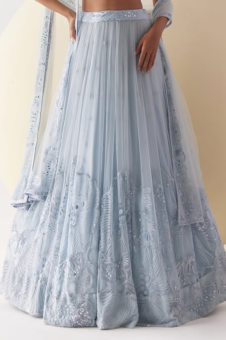 Mishru_Blue Tulle Mirrors, Sequins, Ara Cosmati Florin Embellished Bridal Lehenga Set _Online_at_Aza_Fashions