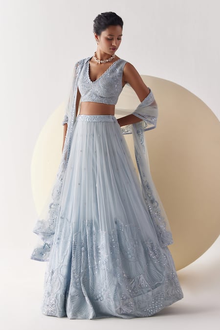 Buy_Mishru_Blue Tulle Mirrors, Sequins, Ara Cosmati Florin Embellished Bridal Lehenga Set _Online_at_Aza_Fashions