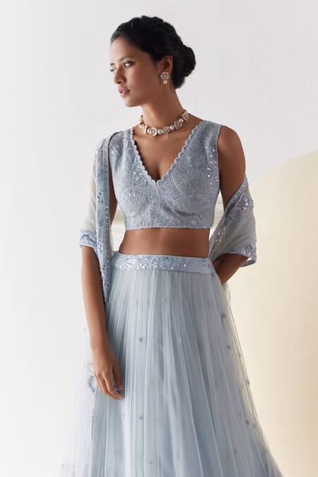 Mishru_Blue Tulle Mirrors, Sequins, Ara Cosmati Florin Embellished Bridal Lehenga Set _at_Aza_Fashions