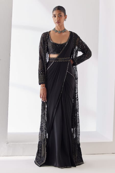 Mishru Black Jacket And Blouse Reva Celeste Nightfall Embellished Pre-draped Saree Set 