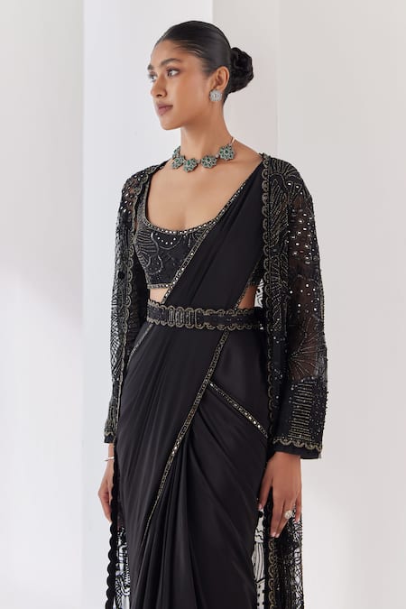 Shop_Mishru_Black Jacket And Blouse Reva Celeste Nightfall Embellished Pre-draped Saree Set _Online_at_Aza_Fashions