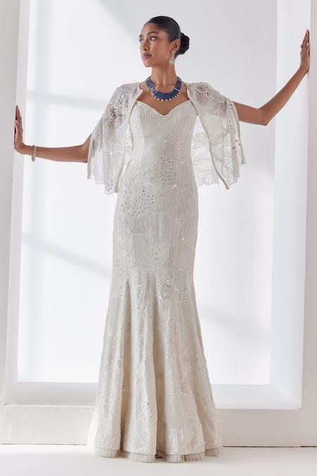 Mishru Celine Lily Breeze Embellished Mermaid Gown With Cape 