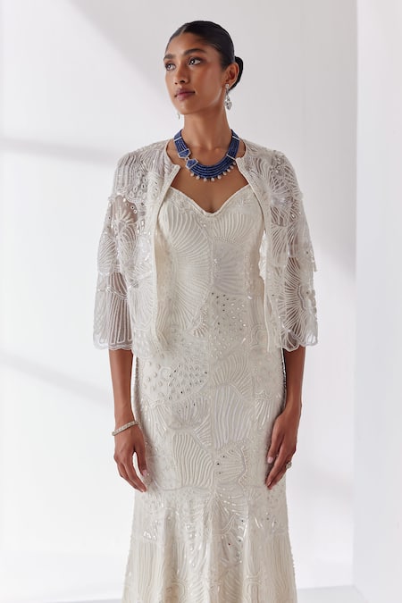 Mishru_Ivory Gown Organza Embroidery Celine Lily Breeze Embellished Mermaid With Cape _Online_at_Aza_Fashions