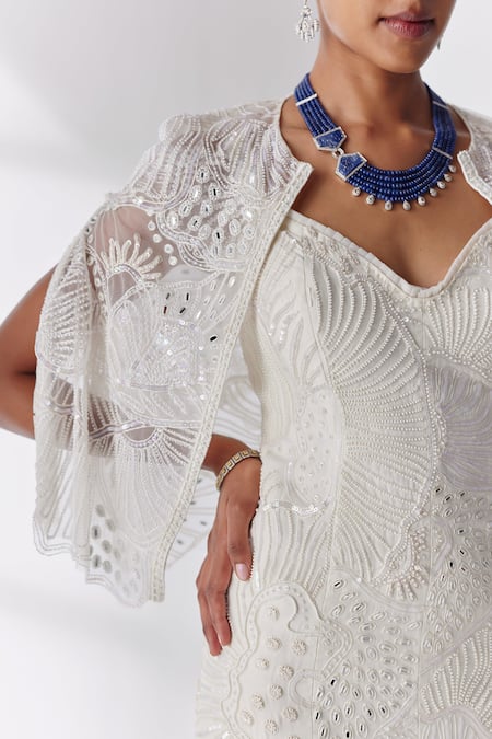 Shop_Mishru_Ivory Gown Organza Embroidery Celine Lily Breeze Embellished Mermaid With Cape _Online_at_Aza_Fashions