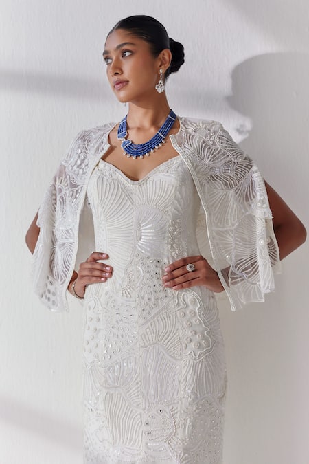 Mishru_Ivory Gown Organza Embroidery Celine Lily Breeze Embellished Mermaid With Cape _at_Aza_Fashions
