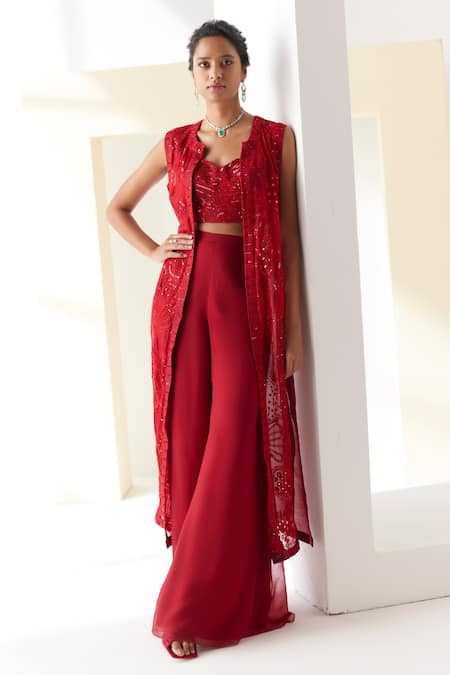 Mishru Red Jacket Organza And Chanderi Embroidery Ezili Felix Fleur Flared Pant Set 