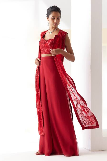 Mishru_Red Tulle, Organza, Chanderi Sequins, Ezili Felix Fleur Jacket Flared Pant Set _Online_at_Aza_Fashions