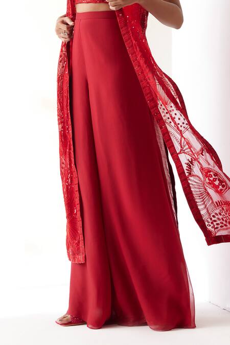 Buy_Mishru_Red Tulle, Organza, Chanderi Sequins, Ezili Felix Fleur Jacket Flared Pant Set _Online_at_Aza_Fashions