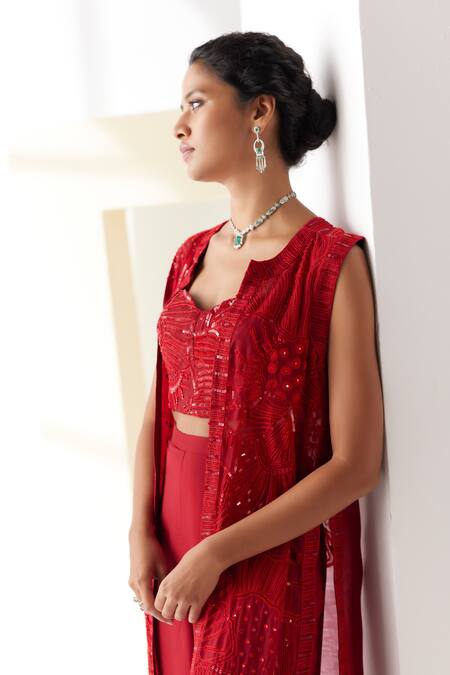 Shop_Mishru_Red Tulle, Organza, Chanderi Sequins, Ezili Felix Fleur Jacket Flared Pant Set _Online_at_Aza_Fashions