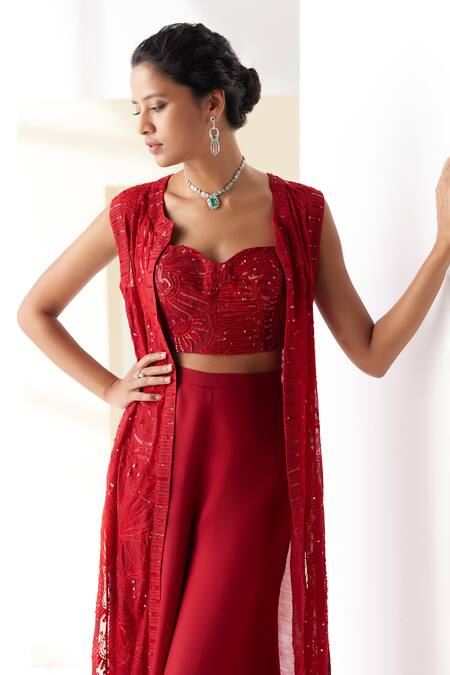 Mishru_Red Tulle, Organza, Chanderi Sequins, Ezili Felix Fleur Jacket Flared Pant Set _at_Aza_Fashions