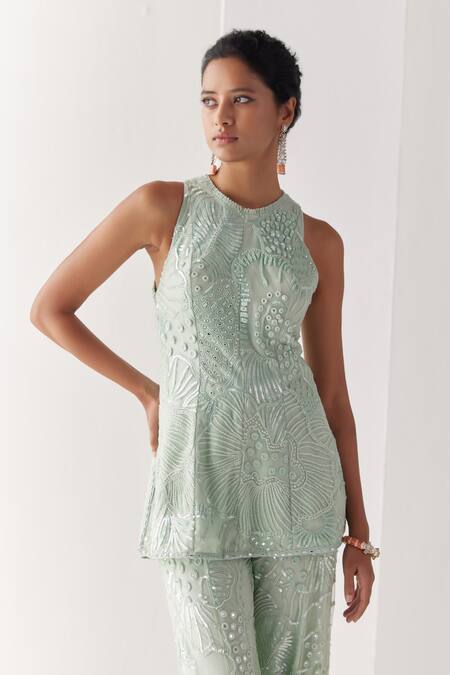 Mishru Green Soft Tulle Embroidery Sequins Nahla Amaryllis Kurti With Flared Pant Online at Aza Fashions Mishru_Green Soft Tulle Embroidery Sequins Nahla Amaryllis Kurti With Flared Pant _Online_at_Aza_Fashions