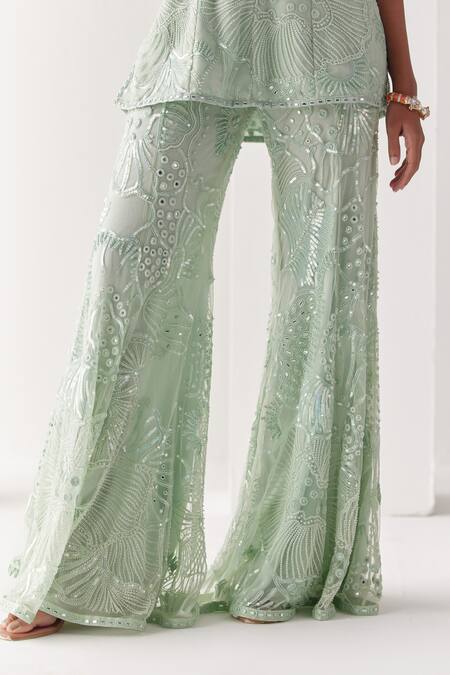Buy Mishru Green Soft Tulle Embroidery Sequins Nahla Amaryllis Kurti With Flared Pant Online at Aza Fashions Buy_Mishru_Green Soft Tulle Embroidery Sequins Nahla Amaryllis Kurti With Flared Pant _Online_at_Aza_Fashions