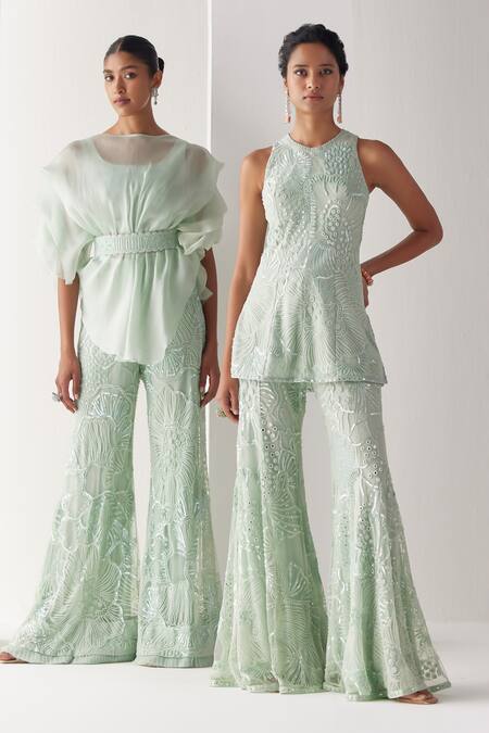Shop Mishru Green Soft Tulle Embroidery Sequins Nahla Amaryllis Kurti With Flared Pant Online at Aza Fashions Shop_Mishru_Green Soft Tulle Embroidery Sequins Nahla Amaryllis Kurti With Flared Pant _Online_at_Aza_Fashions