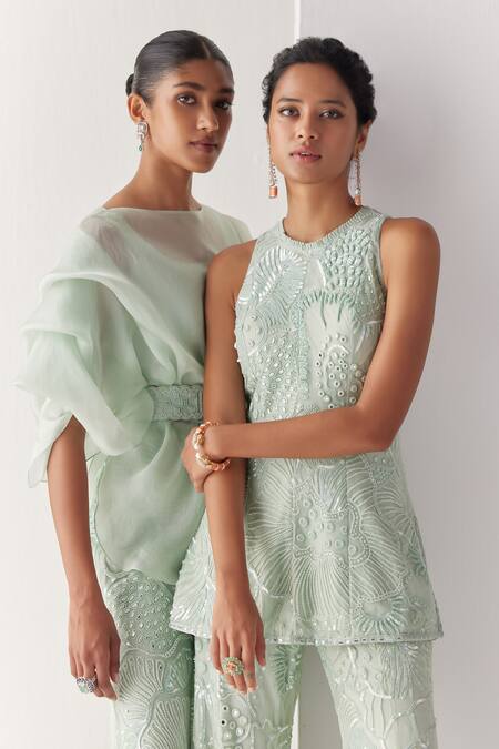 Buy Mishru Green Soft Tulle Embroidery Sequins Nahla Amaryllis Kurti With Flared Pant Buy_Mishru_Green Soft Tulle Embroidery Sequins Nahla Amaryllis Kurti With Flared Pant