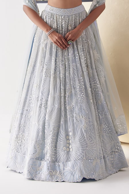 Mishru_Grey Soft Tulle Embroidery 3d Flora Deep V Kai Onyx Bloom Bridal Lehenga Set _Online_at_Aza_Fashions
