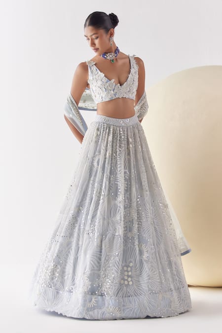 Shop_Mishru_Grey Soft Tulle Embroidery 3d Flora Deep V Kai Onyx Bloom Bridal Lehenga Set _Online_at_Aza_Fashions