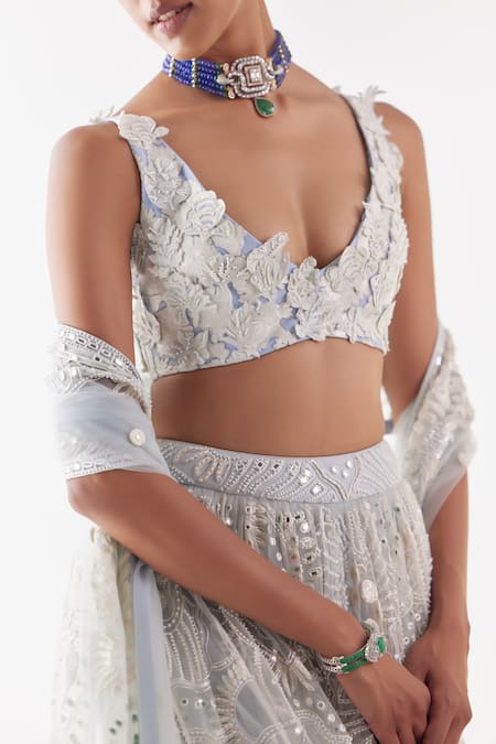 Mishru_Grey Soft Tulle Embroidery 3d Flora Deep V Kai Onyx Bloom Bridal Lehenga Set _at_Aza_Fashions