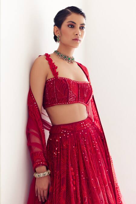 Mishru_Red Tulle Sequins, Beads, Mirrors Kai Callista Embroidered Bridal Lehenga Set _Online_at_Aza_Fashions