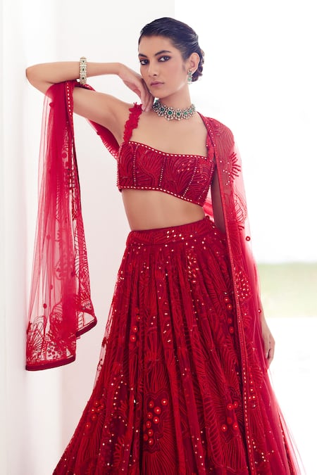 Buy_Mishru_Red Tulle Sequins, Beads, Mirrors Kai Callista Embroidered Bridal Lehenga Set _Online_at_Aza_Fashions