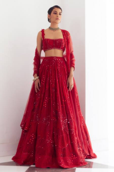 Shop_Mishru_Red Tulle Sequins, Beads, Mirrors Kai Callista Embroidered Bridal Lehenga Set _Online_at_Aza_Fashions