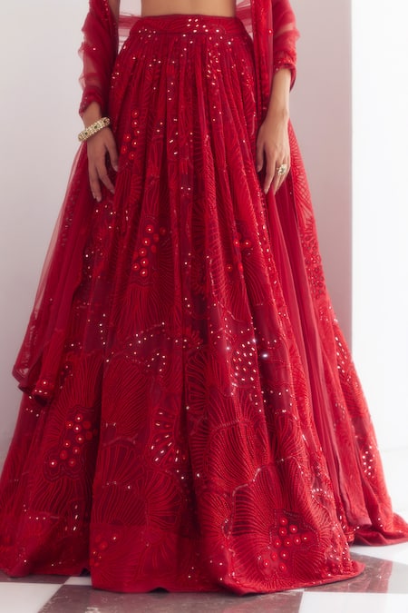 Mishru_Red Tulle Sequins, Beads, Mirrors Kai Callista Embroidered Bridal Lehenga Set _at_Aza_Fashions