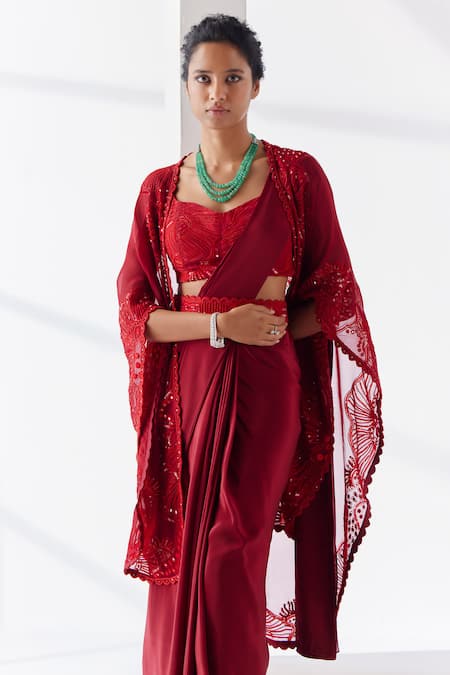 Mishru Cari Embroidered Pre-Draped Saree Cape Set 