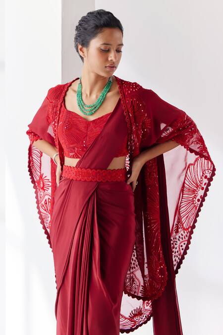 Mishru_Red Cape Soft Organza Embroidery Sequins Sweetheart Cari Pre-draped Saree Set _Online_at_Aza_Fashions