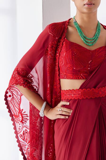 Buy_Mishru_Red Cape Soft Organza Embroidery Sequins Sweetheart Cari Pre-draped Saree Set _Online_at_Aza_Fashions