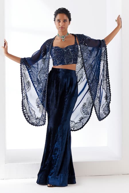 Mishru Iris Noir Embroidered Cape Pant Set 