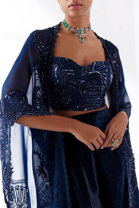 Buy_Mishru_Blue Cape Organza Embroidery Sequins Sweetheart Neck Iris Noir Pant Set _Online_at_Aza_Fashions