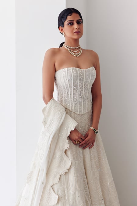 Mishru_Ivory Tulle, Organza Beads, Pearls Doris Coral Reef Embroidered Lehenga Set _Online_at_Aza_Fashions