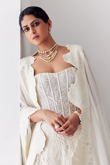 Buy_Mishru_Ivory Tulle, Organza Beads, Pearls Doris Coral Reef Embroidered Lehenga Set _Online_at_Aza_Fashions